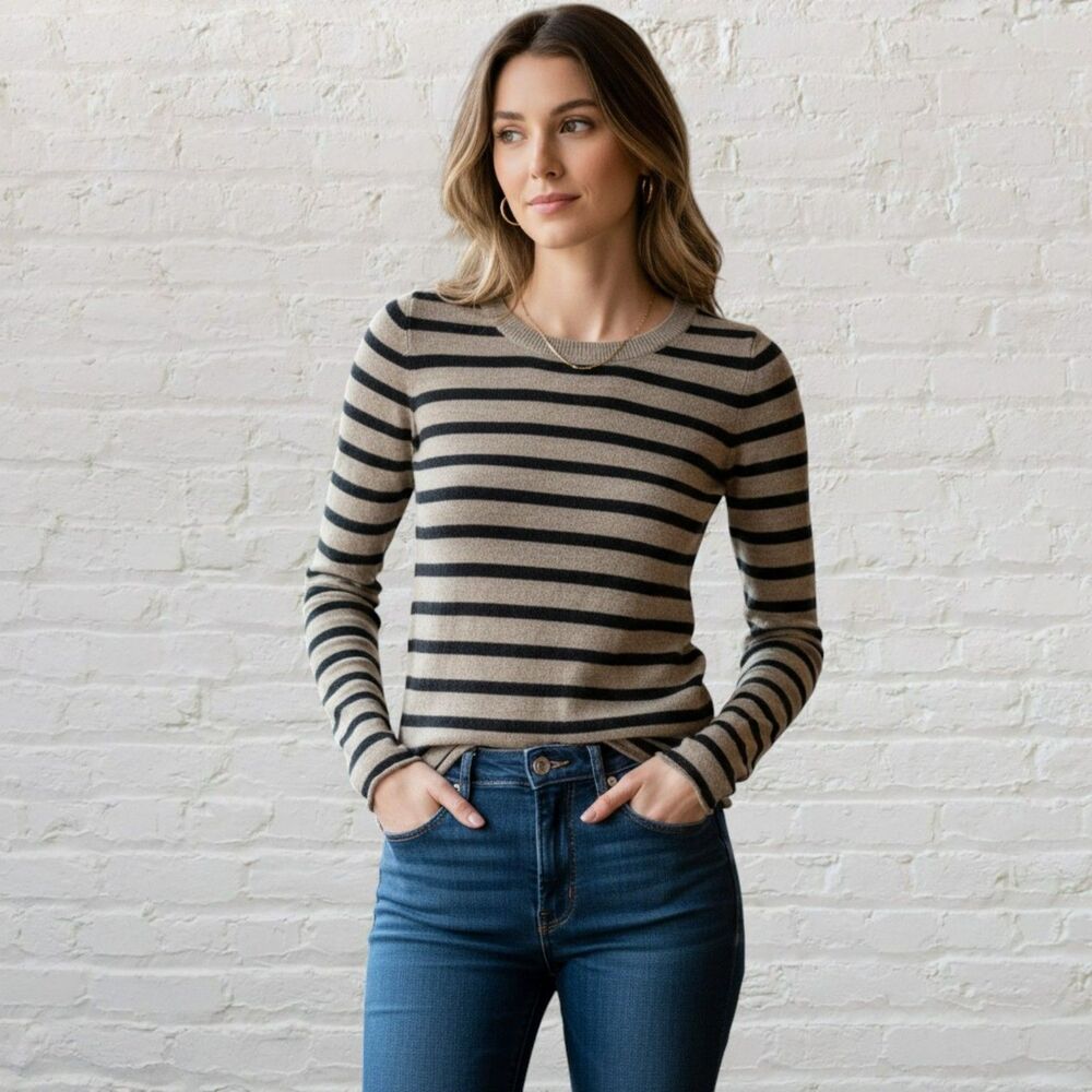 Enza Costa x Intermix Cashmere Sweater Size XS Tan & Black Stripe Soft Cozy Chic